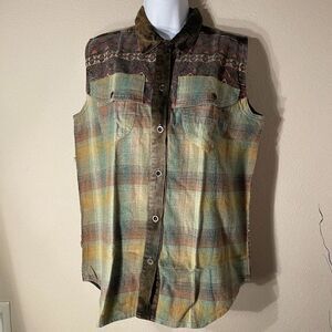 Arrived Sleeveless Western Top Vintage Festival Cotton Denim Flannel Y2K Plaid